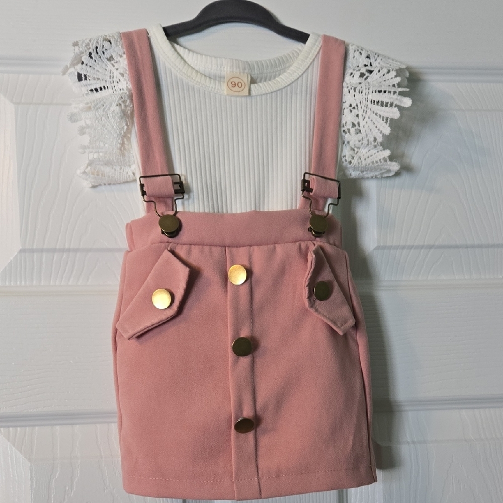 Pink Baby Suspender Overall Skirt Dress w/ Lace Sleeve Snap Onesie 90 cm 18-24 M
